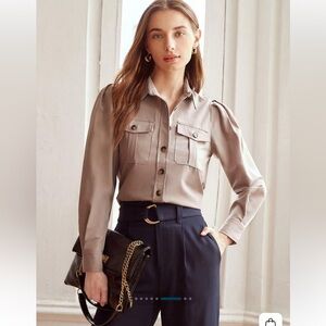 MOTF Utility Puff Sleeve Taupe Button Down Shirt Size Large Wool